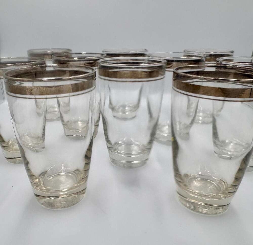 Vintage Silver Rim Highball Glasses Set of 5 Mid Century Modern Barware Platinum